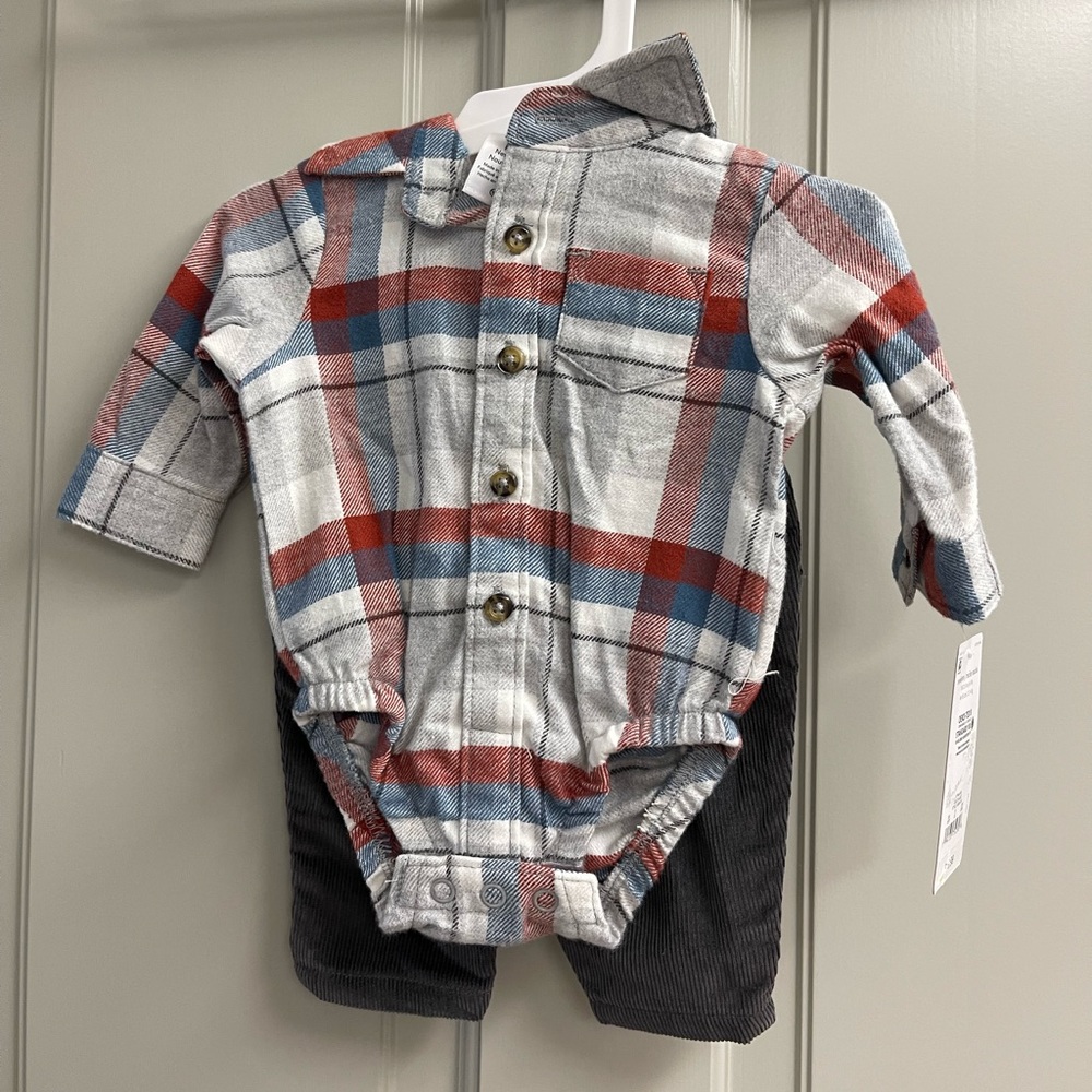 NWT Carters Just One You plaid bodysuit shirt corduroy pant set outfit Newborn